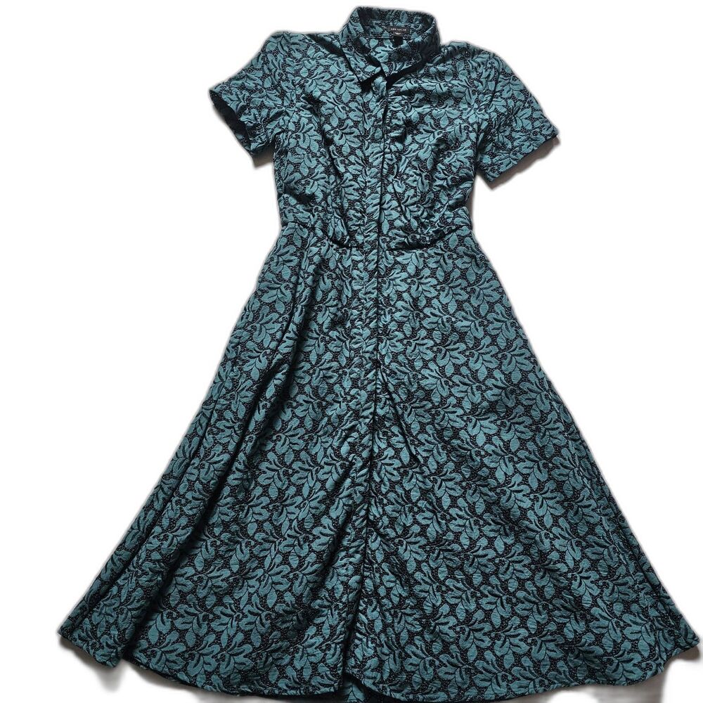 Ann Taylor Size 0 Teal Black Floral Jacquard Shirt Dress Fit Flare Button Front